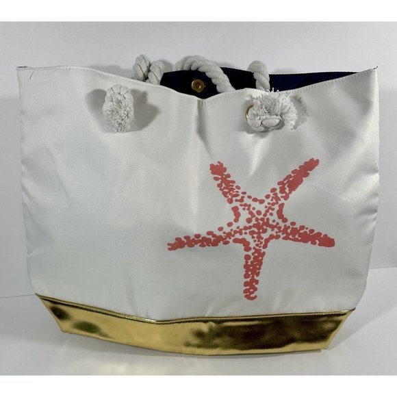 Ion Starfish Tote Large Beach Day Bag Coral Starfish White Tote Gold Trim 21” - Picture 2 of 8